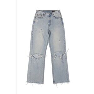 Zara High Waisted Wide Leg Distressed‎ Jeans Light Wash Blue Size 4 Distressed
